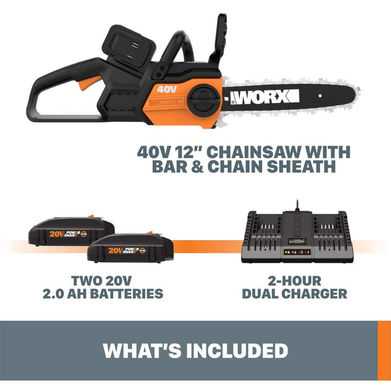 WORX WG381 12 Inch Cordless Power Chainsaw with Auto Tension, Black and Orange