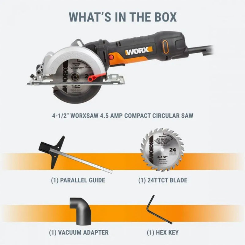 WORX WX439L 4.5 Inch and 4.5 Amp One Hand Compact Circular Saw, Black and Orange